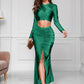 Ruched Long Sleeve Top and Slit Skirt Set