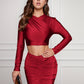 Ruched Long Sleeve Top and Slit Skirt Set