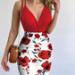 Surplice Spaghetti Strap Top and Printed Mini Skirt Set