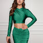 Ruched Long Sleeve Top and Slit Skirt Set