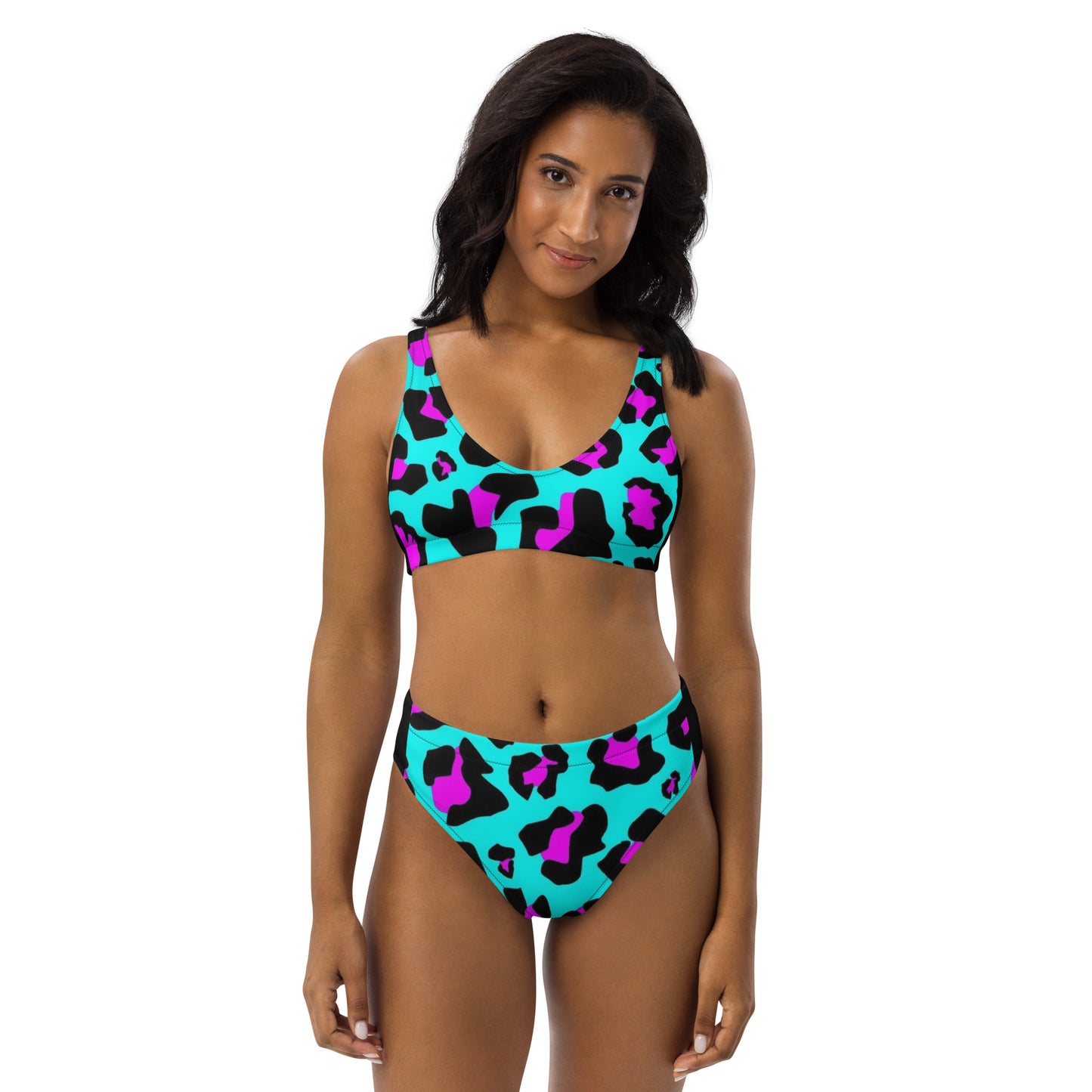 DESSINER turquoise leopard print black high-waisted bikini