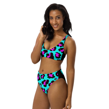 DESSINER turquoise leopard print black high-waisted bikini