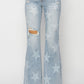 RISEN Mid Rise Button Fly Start Print Flare Jeans