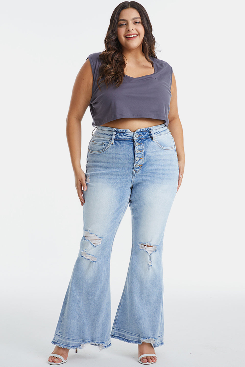 BAYEAS Full Size Distressed Raw Hem High Waist Flare Jeans