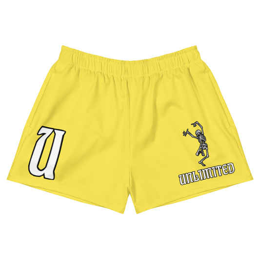 UNLIMITED skeleton hands yellow Women’s Recycled Athletic Shorts